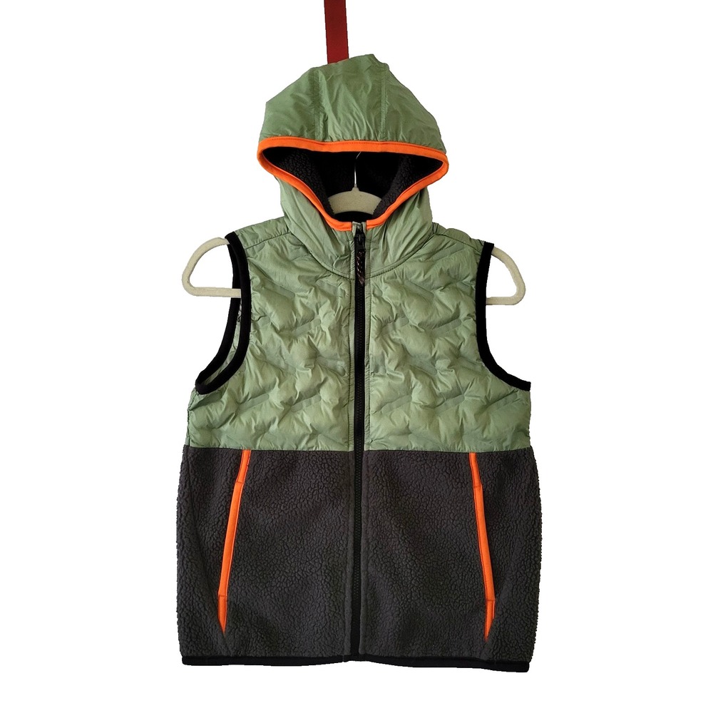 Old Navy Boys Hooded Puffer Vest L 10-12 Green Gray Sherpa Fleece Quilted 758556